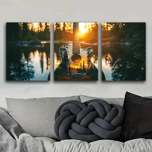 3pcs Guitar Silhouette Music Sun Rise Perfect Wall Art Set Canvas Framed 40x60cm - High Quality Print 100% Australian Made Wall Canvas Ready to Hang