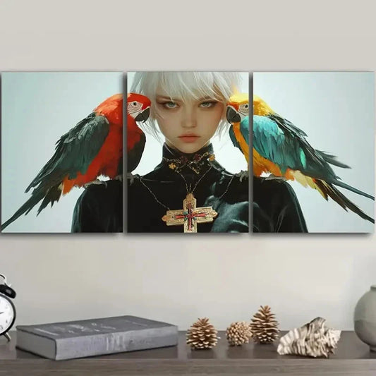 3pcs Featuring Colorful Parrots And Girls Metal Print Ready to Hang Art