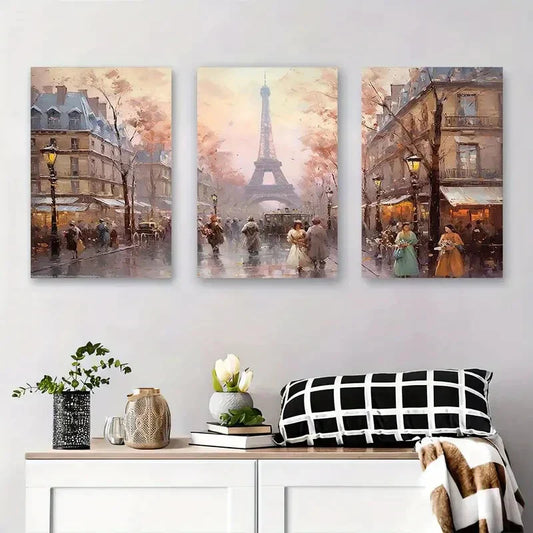 3pcs Vintage Parisian Street Scene with Romantic Metal Print Ready to Hang Art