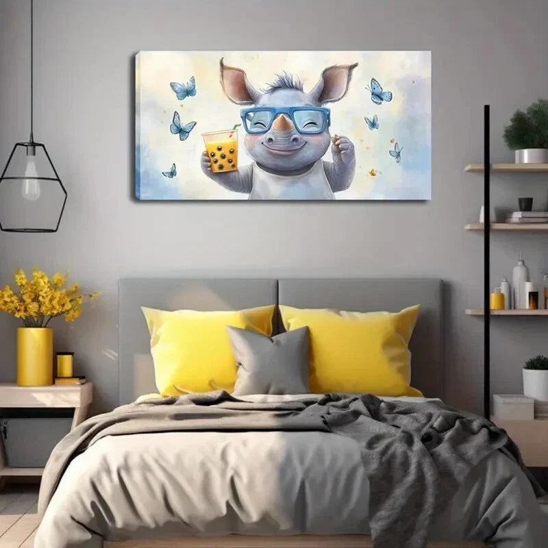 Joyful Rhino With Yellow Drink Wall Art Canvas Office Home Room Framed 120x60cm