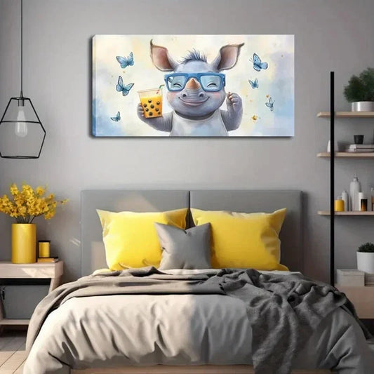 Joyful Rhino With Yellow Drink Wall Art Canvas Office Home Room Framed 120x60cm