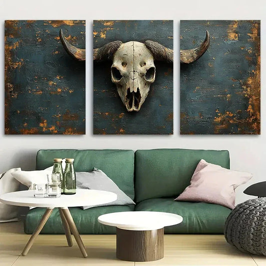 3pcs Rustic Mysterious Buffalo Skull Metal Print Ready to Hang Art