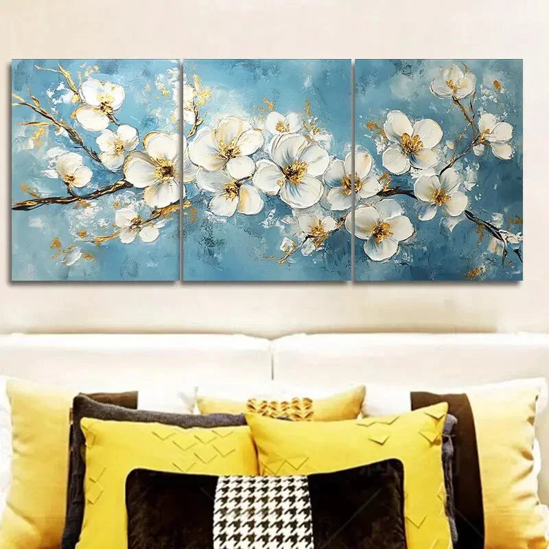 3pcs White Flowers on a Blue Background Metal Print Ready to Hang Art