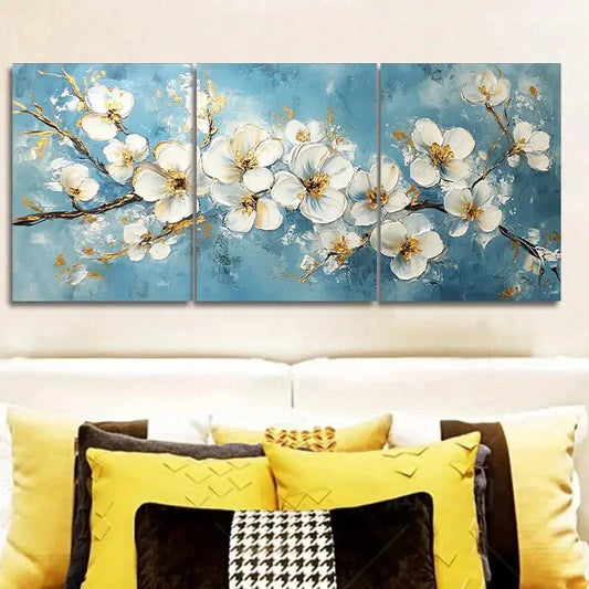 3pcs White Flowers on a Blue Background Metal Print Ready to Hang Art