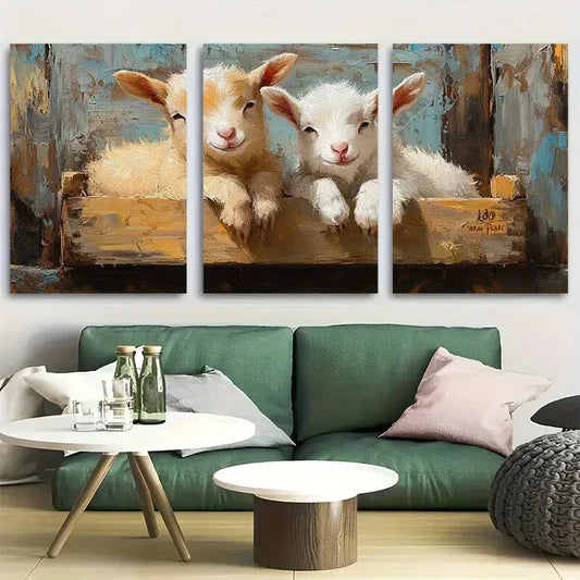 3pcs Adorable Young Goats Resting Warm Light Metal Print Ready to Hang Art