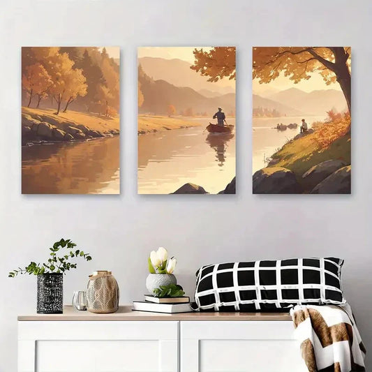 3pcs Tranquil Autumn River with Fishermen Metal Print Ready to Hang Art