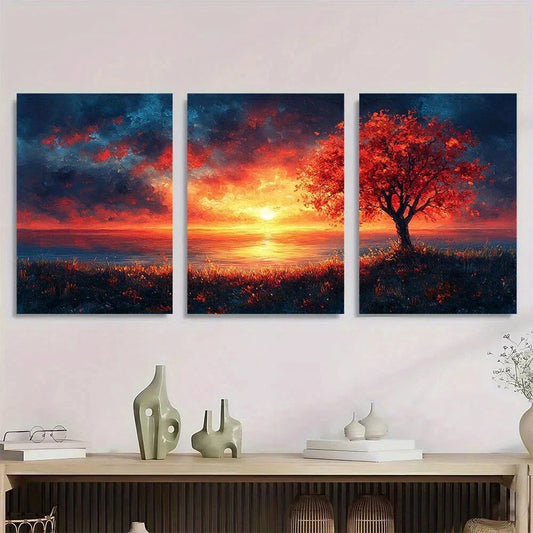 3pcs Whimsical Sunset Beach Scenery Trees Metal Print Ready to Hang Art