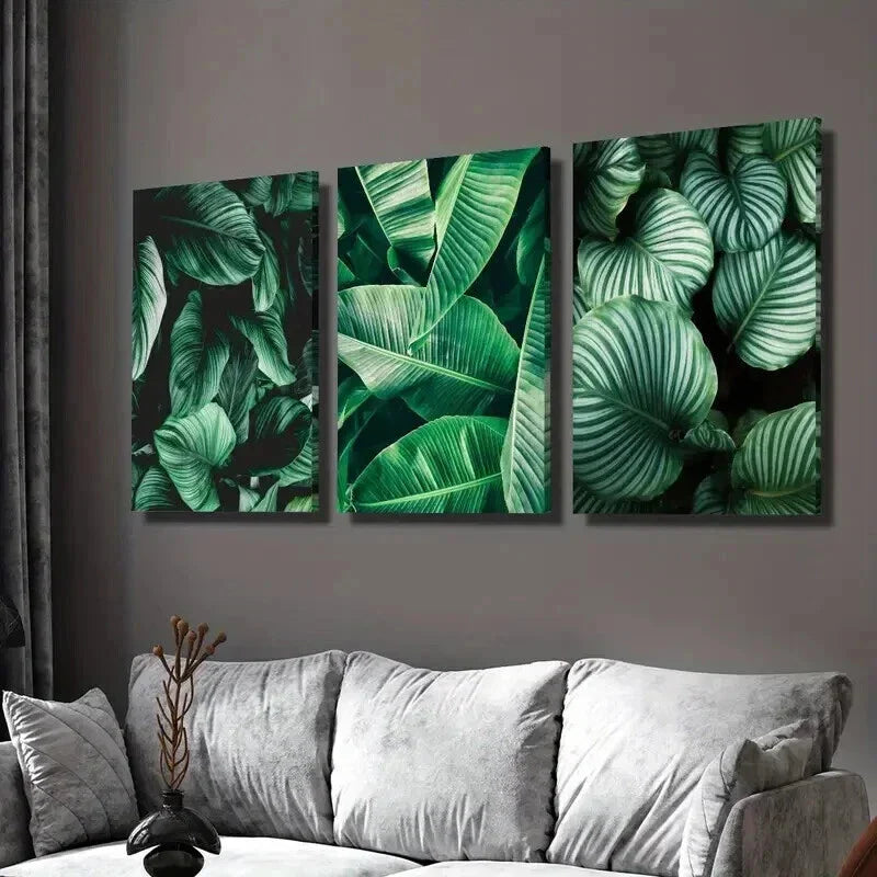 3pcs Emerald Green Botanical Tropical Leaf Wall Art Set Canvas Framed 40x60cm - High Quality Print 100% Australian Made Wall Canvas Ready to Hang