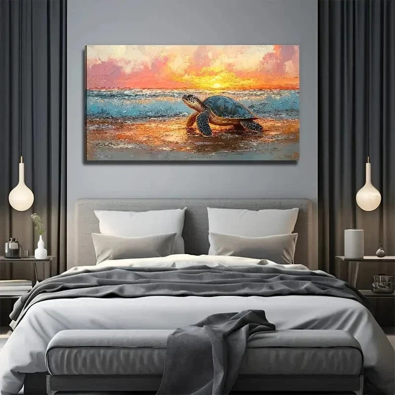 Sunset Beach Turtle Scene Wall Art Canvas Office Home Room Framed 80x45cm