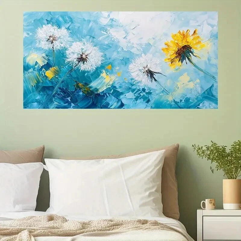 Dandelion Floral Blue Décor Wall Art Canvas Office Home Room Framed 120x60cm