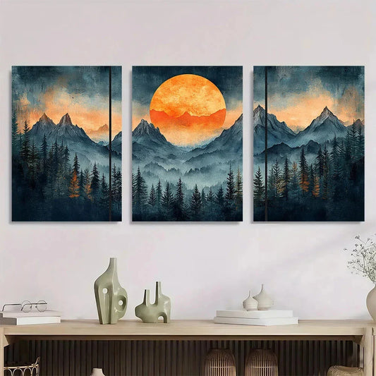 3pcs Boho Mountain Forest Sunset & Pine Trees Metal Print Ready to Hang Art