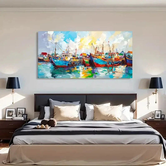 Vibrant Seascape Décor Boats Wall Art Canvas Office Home Room Framed 120x60cm