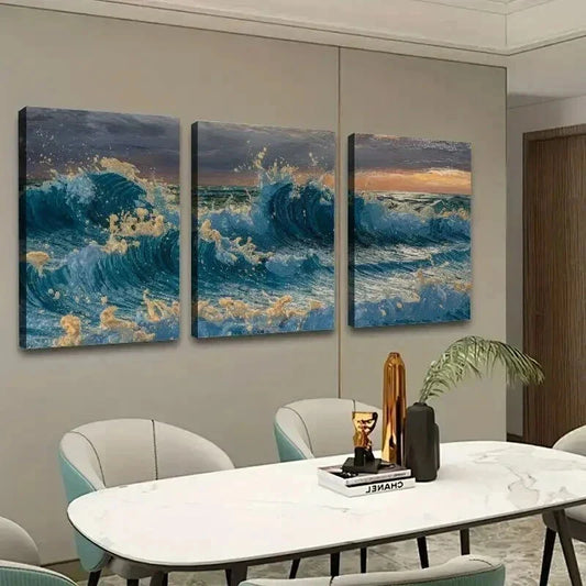 3pcs Ocean Waves in Blue & Golden Wall Art Set Canvas Framed 40x60cm - High Quality Print 100% Australian Made Wall Canvas Ready to Hang