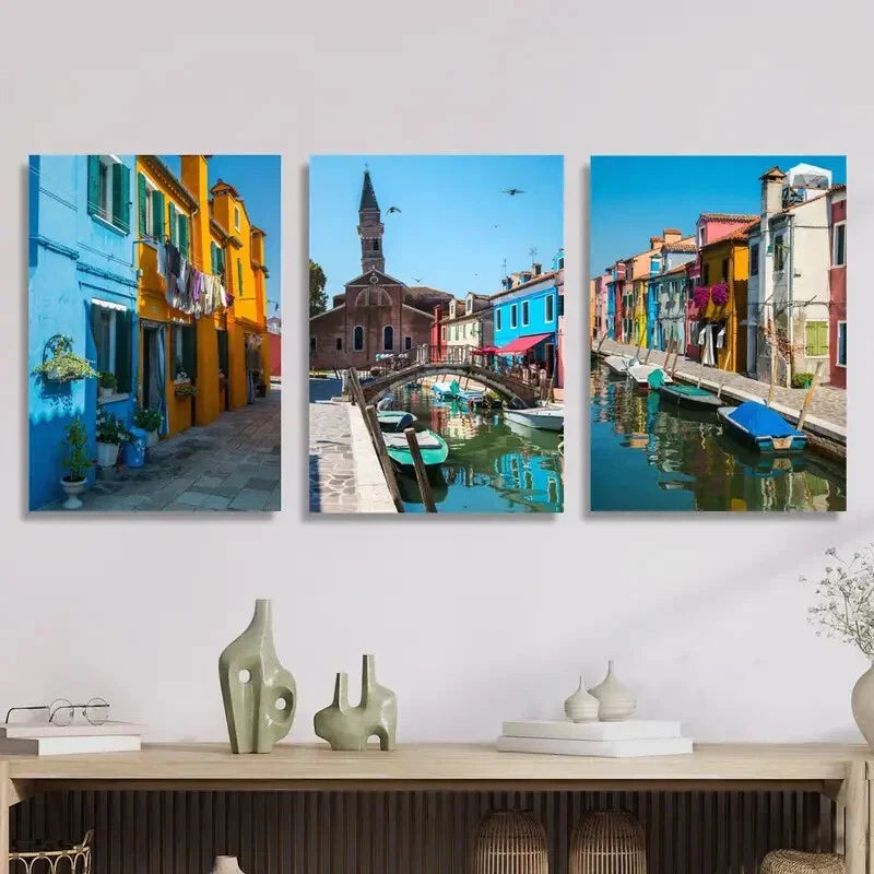 3pcs Bell tower of San Martino colorful houses  Metal Print Ready to Hang Art