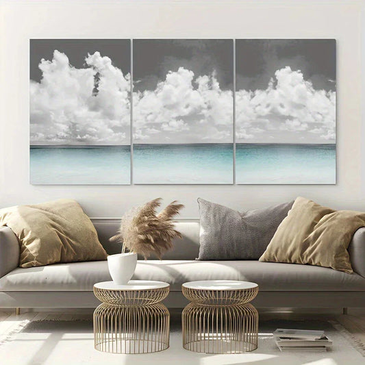 3pcs White Spread Clouds Blue Water Beach Metal Print Ready to Hang Art