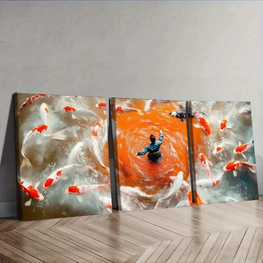 3pcs Fisherman, Koi Painting   Wall Art Set Canvas Framed 40x60cm - High Quality Print 100% Australian Made Wall Canvas Ready to Hang