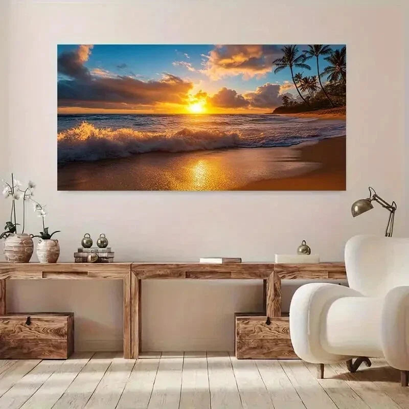 Seaside Sunset Palm Beach wall canvas office home room framed 120x60cm