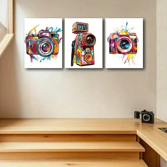 3pcs Vibrant Camera with Color Splash Design Metal Print Ready to Hang Art