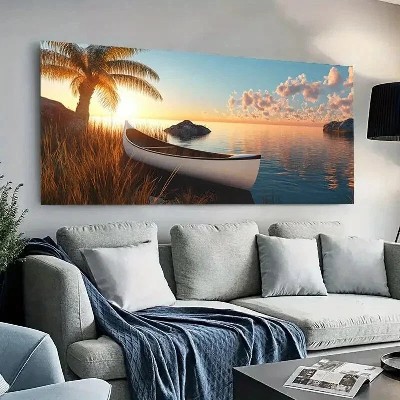 Cloudy Sunset Canoe Lake wall canvas office home room framed 120x60cm