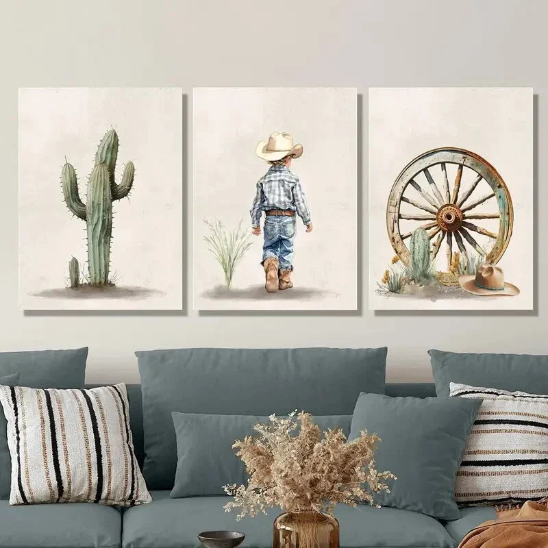 3pcs green cactus, cowboy boy western art Metal Print Ready to Hang Art