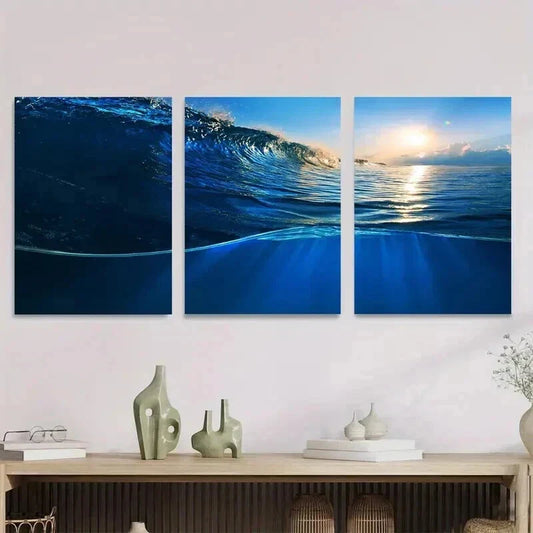 3pcs Vibrant Blue Waves & Sunlight Ocean Wall Art Set Canvas Framed 40x60cm - High Quality Print 100% Australian Made Wall Canvas Ready to Hang