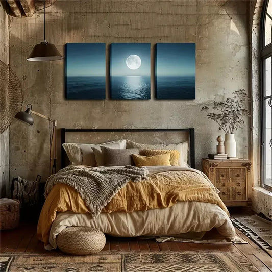 3pcs Round Moon, Sea Level, Oil Painting,  Wall Art Set Canvas Framed 40x60cm - High Quality Print 100% Australian Made Wall Canvas Ready to Hang