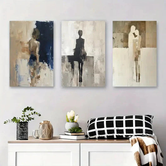 3pcs Minimalist Silhouettes in Soft Beige & Blue Metal Print Ready to Hang Art