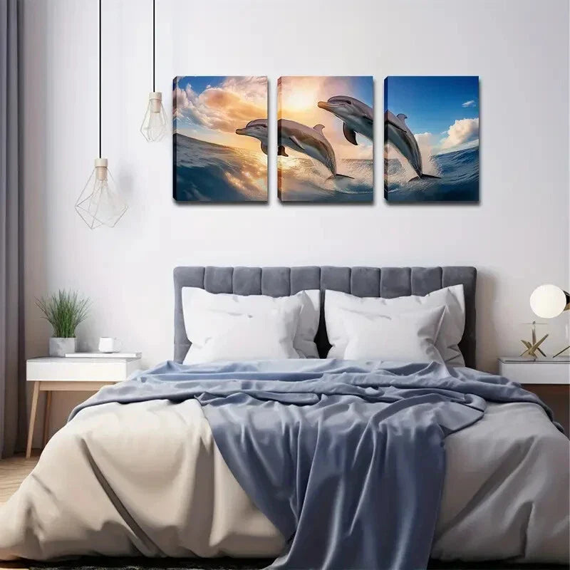 3pcs  Two Dream Dolphins Wall Art Set Canvas Framed 40x60cm - High Quality Print 100% Australian Made Wall Canvas Ready to Hang