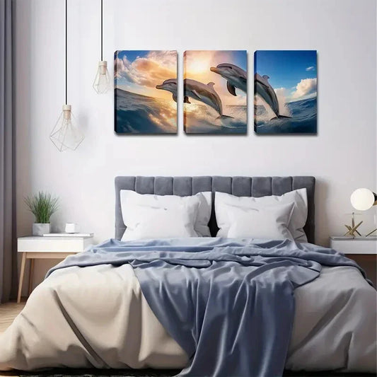 3pcs  Two Dream Dolphins Wall Art Set Canvas Framed 40x60cm - High Quality Print 100% Australian Made Wall Canvas Ready to Hang