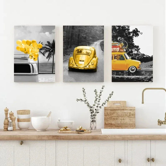 3pcs Golden Car Landscape in Black & White Design Metal Print Ready to Hang Art