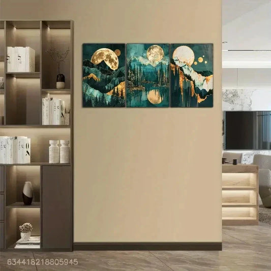 3pcs Golden Mountain at Night, Golden Moon Metal Print Ready to Hang Art