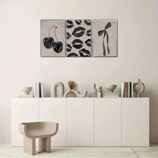 3pcs Retro Cherry Prints Lip Prints Bow Print Metal Print Ready to Hang Art
