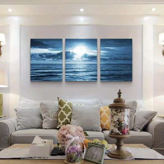 3pcs Modern Blue Sea View with Full Moon  Metal Print Ready to Hang Art