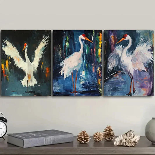 3pcs The White Crane Spreads Its Wings Metal Print Ready to Hang Art