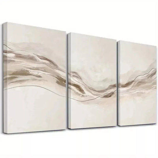 3pcs Beige Wavy Lines Artwork Canvas Framed 40x60cm - High Quality Print 100% Australian Made Wall Canvas Ready to Hang
