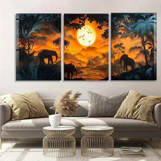 3pcs Majestic Elephants Sunset Safari Perfect Wall Art Set Canvas Framed 40x60cm - High Quality Print 100% Australian Made Wall Canvas Ready to Hang