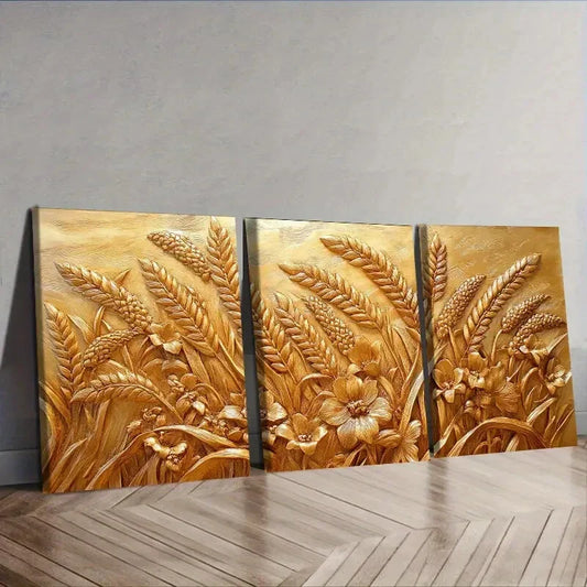 3pcs Ears of Wheat And Flowers  Wall Art Set Canvas Framed 40x60cm - High Quality Print 100% Australian Made Wall Canvas Ready to Hang