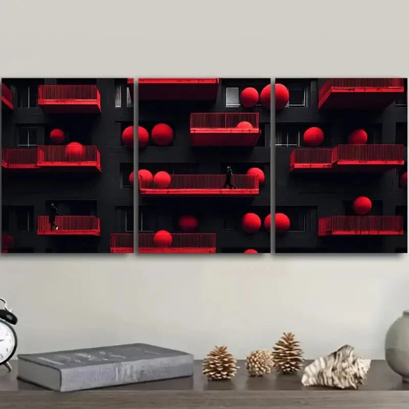 3pcs The red ball on the wall With People Wall Art Set Canvas Framed 40x60cm - High Quality Print 100% Australian Made Wall Canvas Ready to Hang