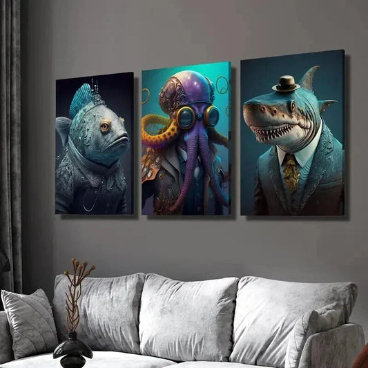 3pcs Oceanic Octopus Dolphin Fish in Suits Wall Art Set Canvas Framed 40x60cm - High Quality Print 100% Australian Made Wall Canvas Ready to Hang