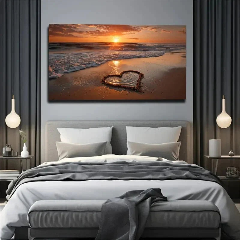 Sunset Beach Heart Mark Wall Art Canvas Office Home Room Framed 120x60cm