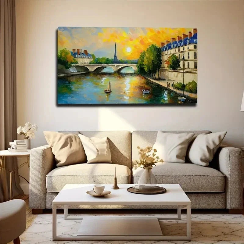 Romantic Parisian River Wall Art Canvas Office Home Room Framed 80x45cm