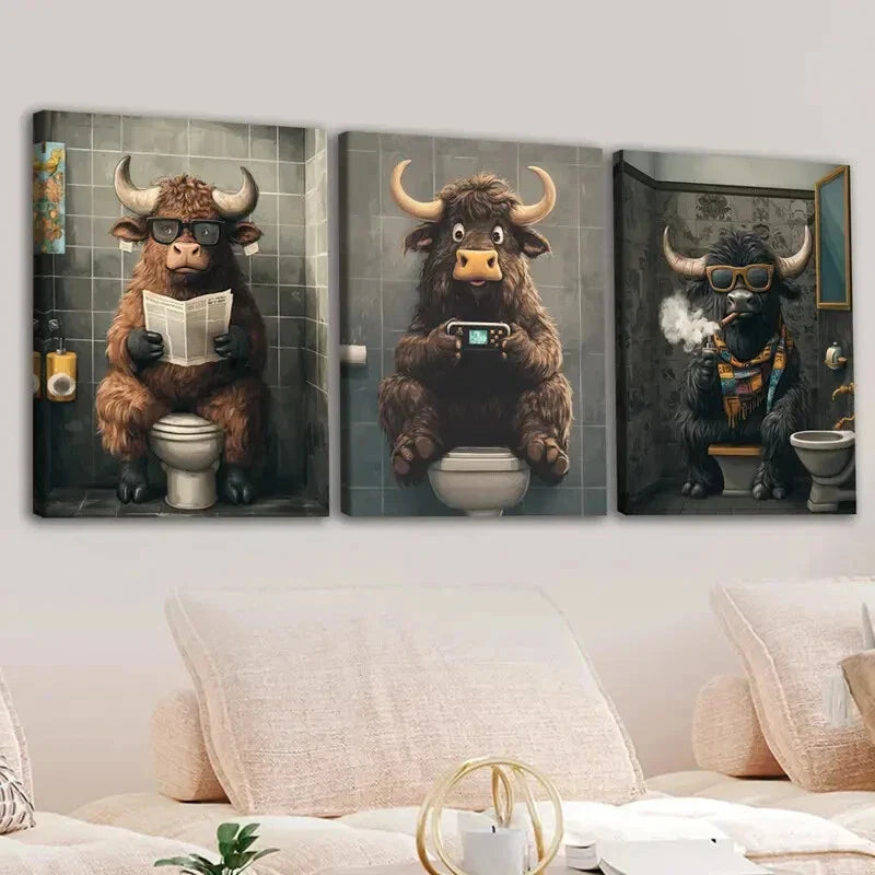 3pcs Highland Cows Smoke Game Grey Blue Golden Wall Art Set Canvas Framed 40x60cm - High Quality Print 100% Australian Made Wall Canvas Ready to Hang