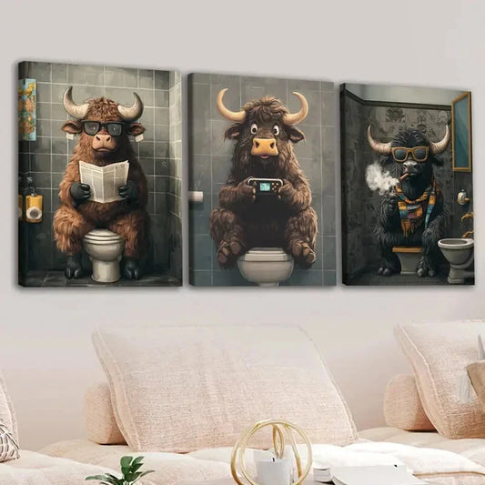 3pcs Highland Cows Smoke Game Grey Blue Golden Wall Art Set Canvas Framed 40x60cm - High Quality Print 100% Australian Made Wall Canvas Ready to Hang