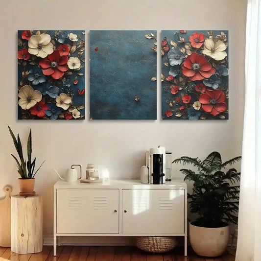 3pcs Vibrant Red Flowers, Blue Background Metal Print Ready to Hang Art