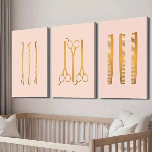 3pcs Hair Salon Hairpin Scissors Comb Wall Art Set Canvas Framed 40x60cm - High Quality Print 100% Australian Made Wall Canvas Ready to Hang