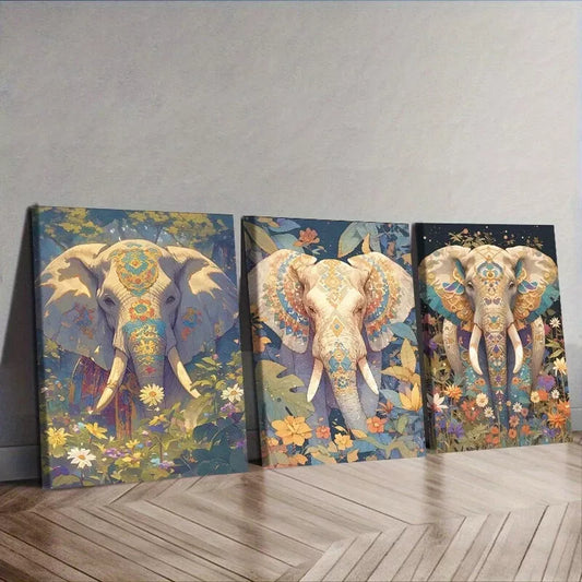3pcss Featuring An Elephant With Floral Designs Wall Art Set Canvas Framed 40x60cm - High Quality Print 100% Australian Made Wall Canvas Ready to Hang