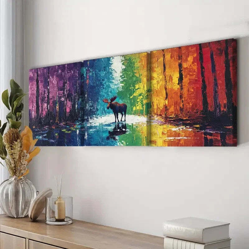 3pcs Moose in the Forest Nature Colorful Wall Art Set Canvas Framed 40x60cm - High Quality Print 100% Australian Made Wall Canvas Ready to Hang