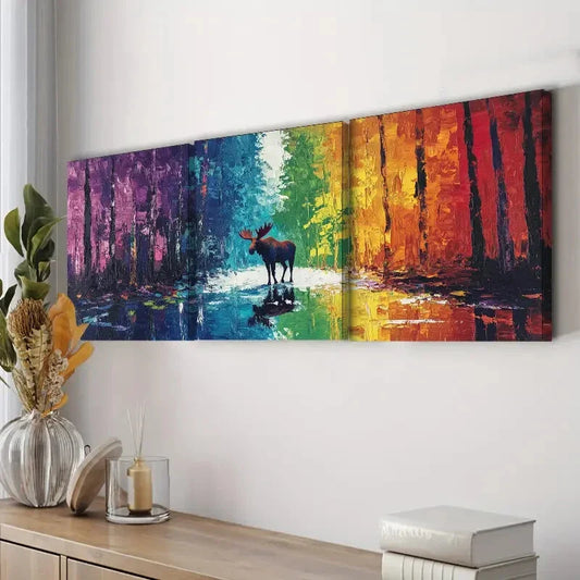 3pcs Moose in the Forest Nature Colorful Wall Art Set Canvas Framed 40x60cm - High Quality Print 100% Australian Made Wall Canvas Ready to Hang