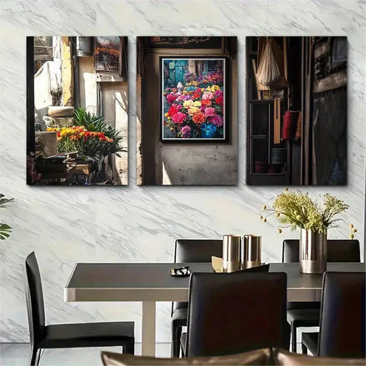 3pcs Vibrant Flower Colorful Bouquet Modern Metal Print Ready to Hang Art