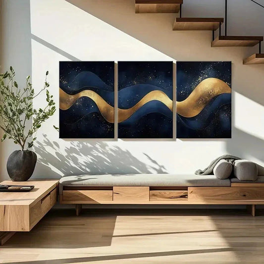 3pcs Golden Waves, Dark Sky Metal Print Ready to Hang Art